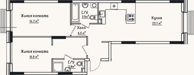 Планировка: 2-к, 67,1 м²