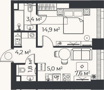 Планировка: 2-к, 36,8 м²