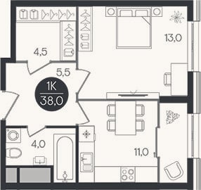 Планировка: 1-к, 38 м²