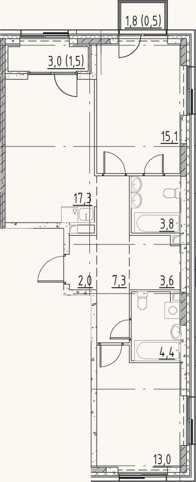 Планировка: 3-к, 66,5 м²