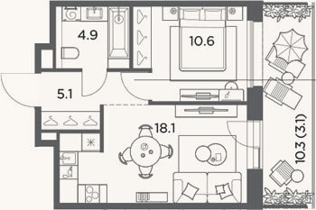 Планировка: 1-к, 38,7 м²