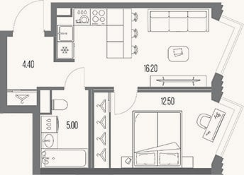 Планировка: 1-к, 38,1 м²