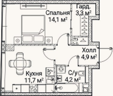 Планировка: 1-к, 38,3 м²