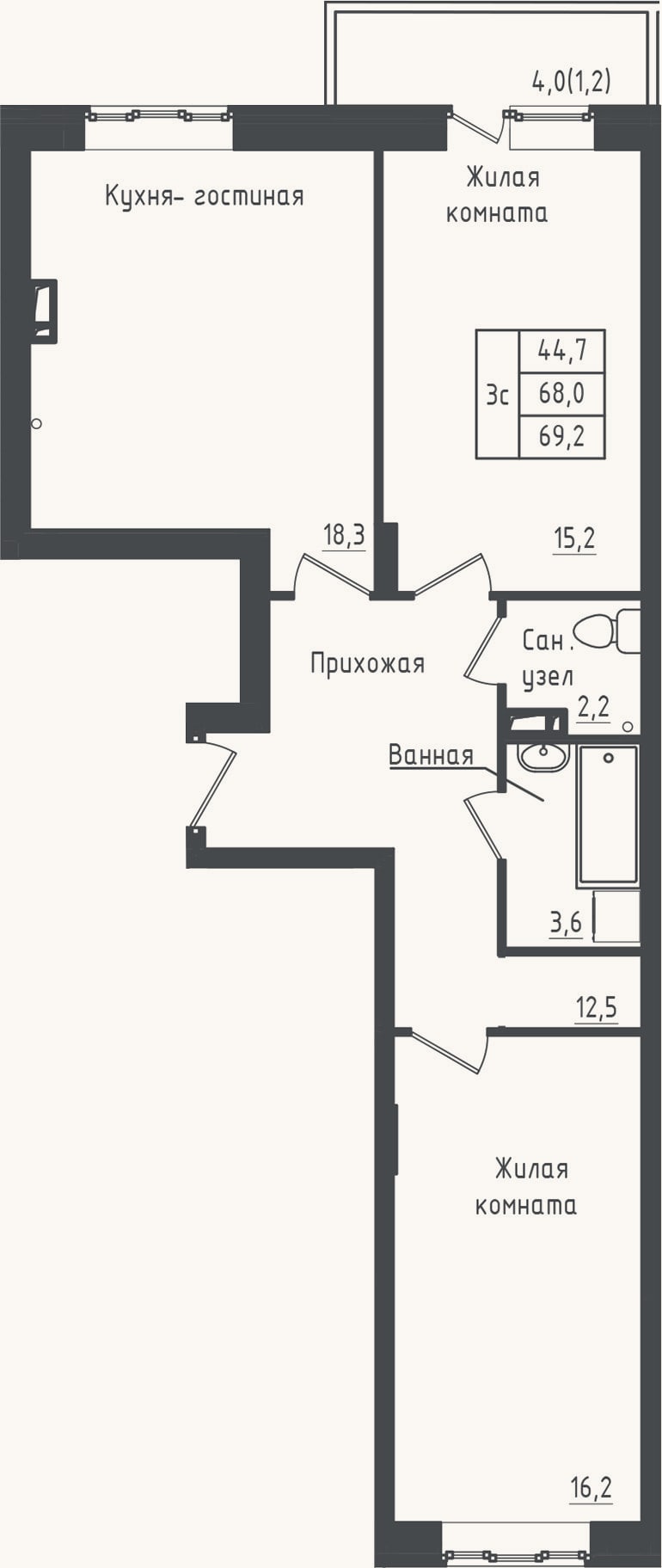 Планировка: 2-к, 68 м²