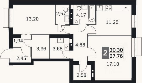 Планировка: 2-к, 67,8 м²