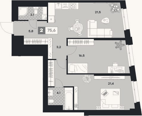 Планировка: 2-к, 75,6 м²