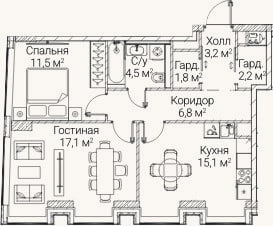 Планировка: 2-к, 62 м²