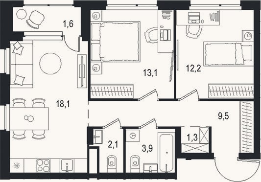Планировка: 3-к, 60,2 м²