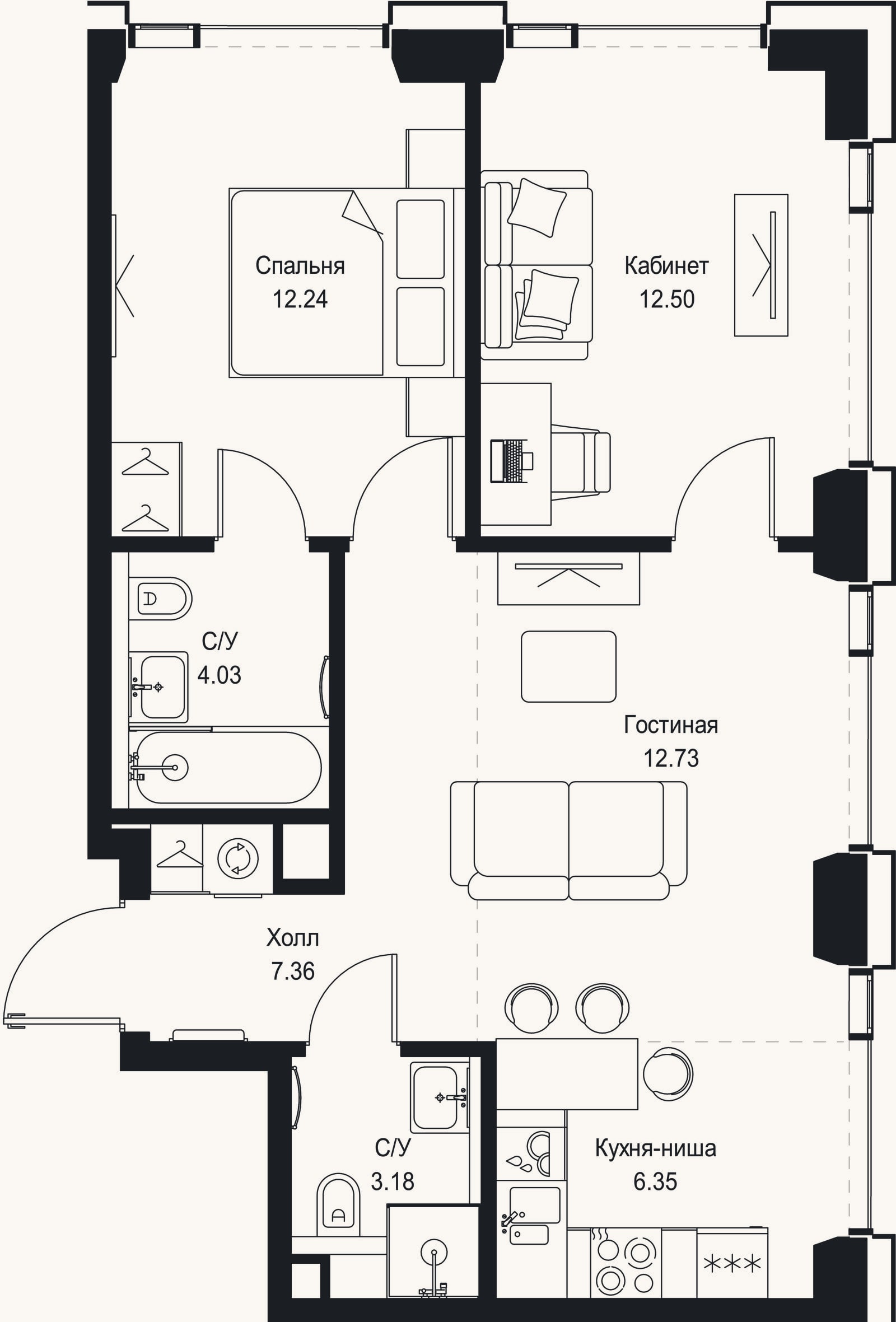 Планировка: 3-к, 58,4 м²