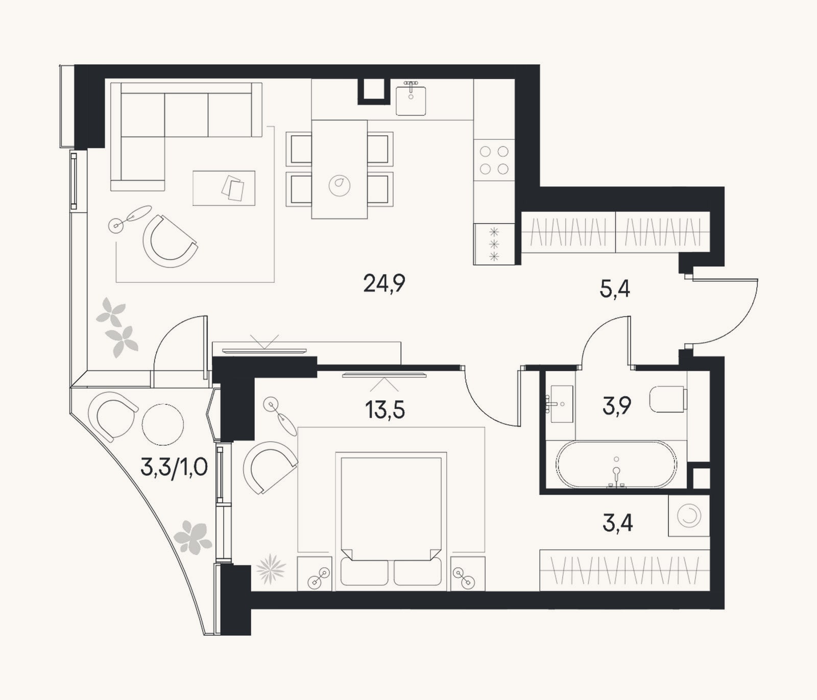 Планировка: 2-к, 51,1 м²