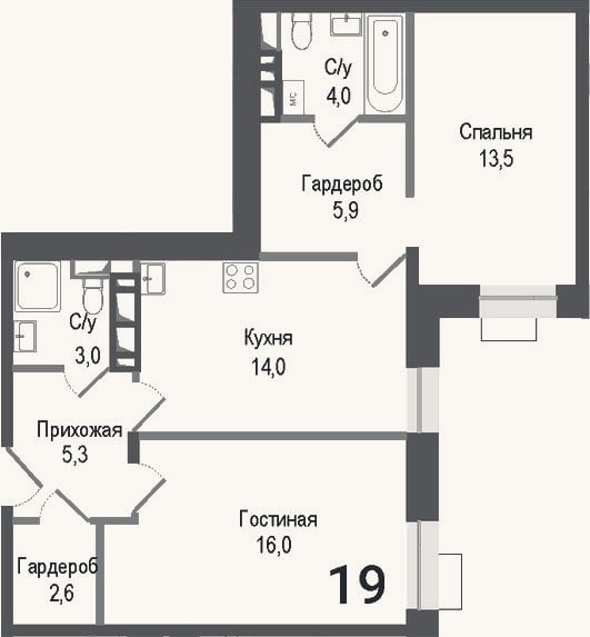 Планировка: 2-к, 64,3 м²