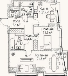 Планировка: 2-к, 61,7 м²