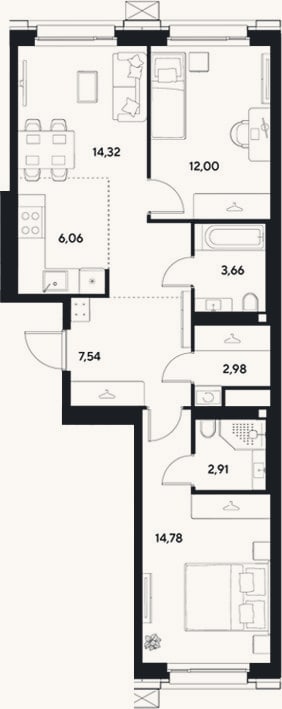 Планировка: 3-к, 64,3 м²