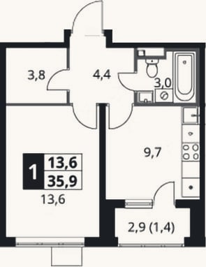 Планировка: 1-к, 34,5 м²