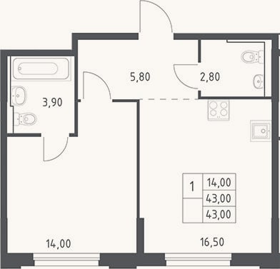 Планировка: 2-к, 43 м²