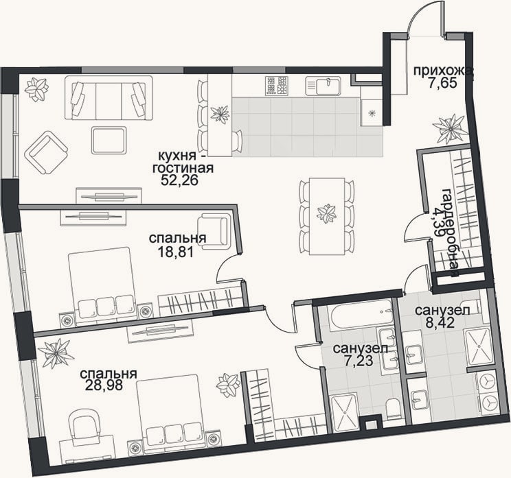 Планировка: 3-к, 127,7 м²
