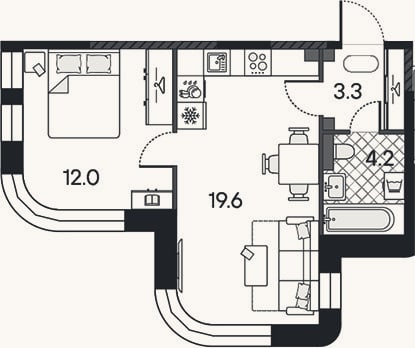 Планировка: 2-к, 39,1 м²