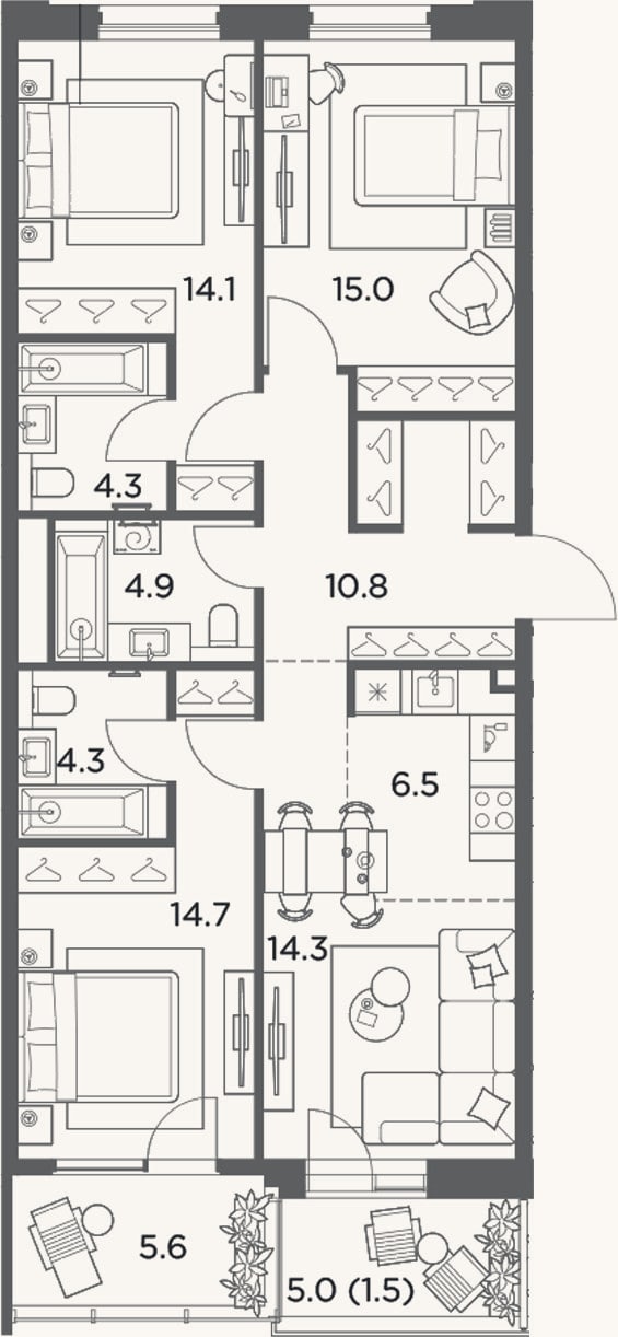 Планировка: 4+ к, 88,9 м²