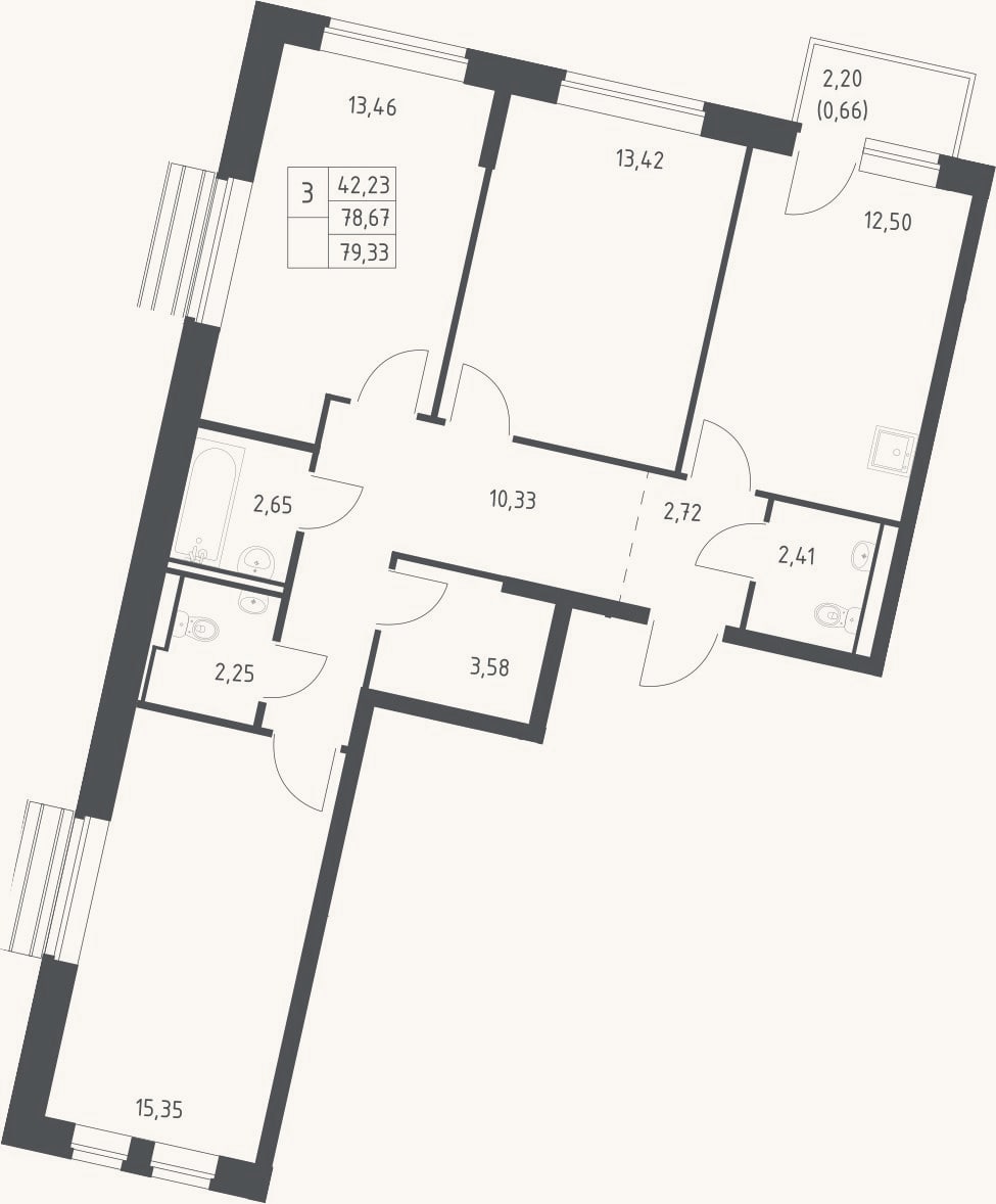 Планировка: 3-к, 77,2 м²