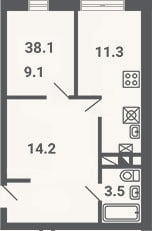 Планировка: 1-к, 38,1 м²