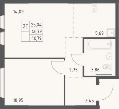 Планировка: 2-к, 40,8 м²