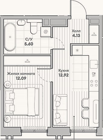 Планировка: 1-к, 34,7 м²