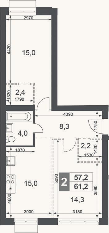Планировка: 2-к, 61,2 м²