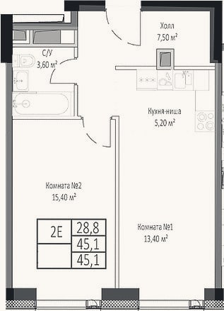 Планировка: 2-к, 45,1 м²