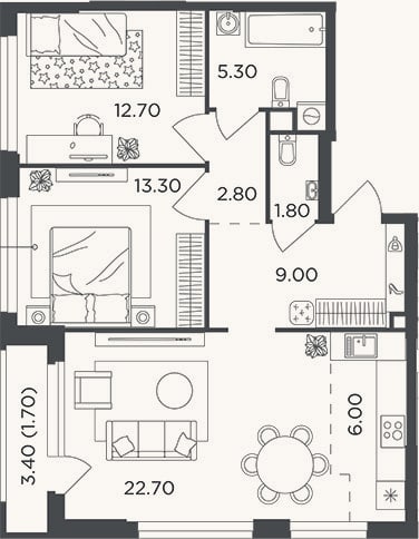 Планировка: 3-к, 73,6 м²