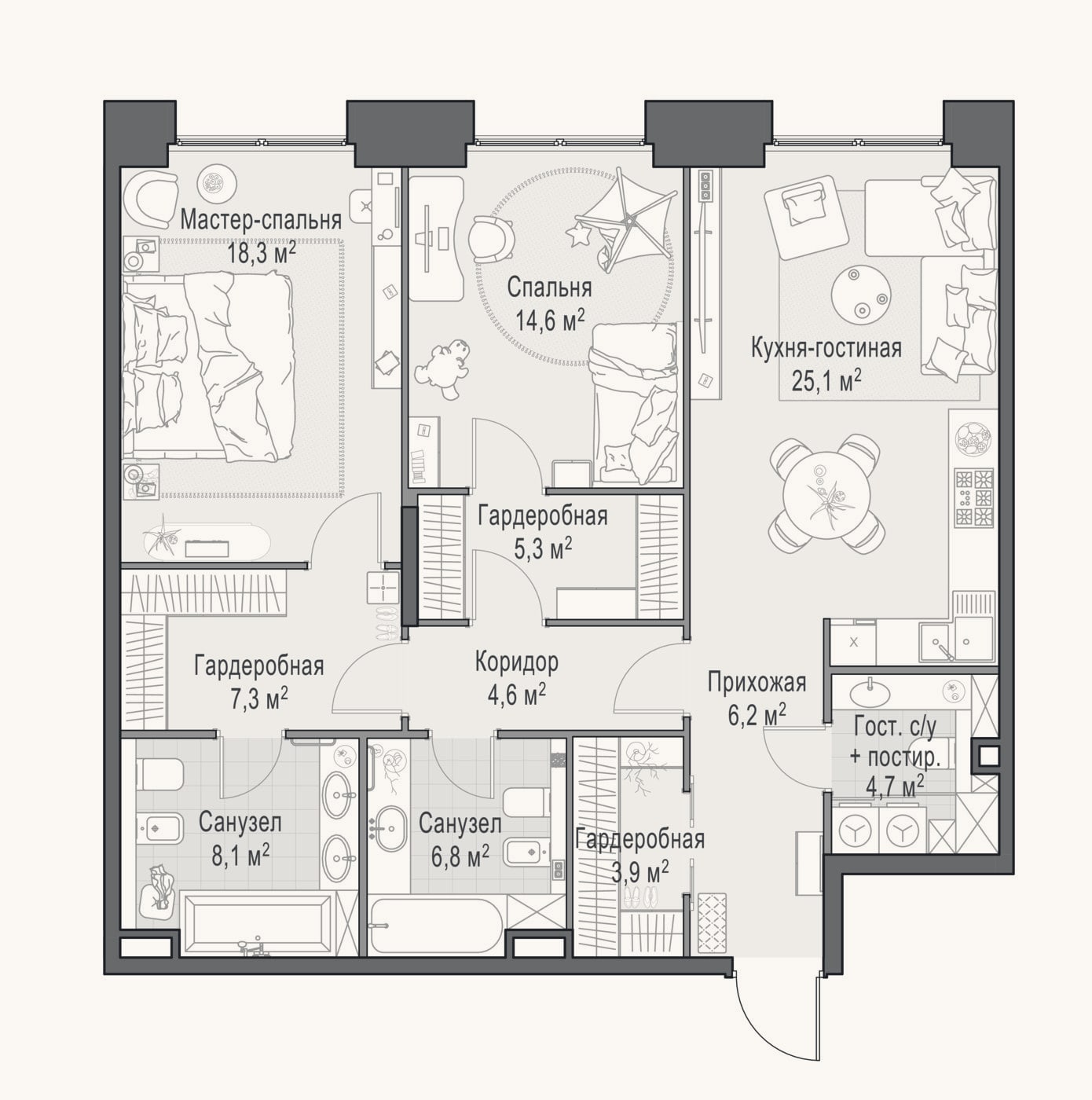 Планировка: 3-к, 105,2 м²