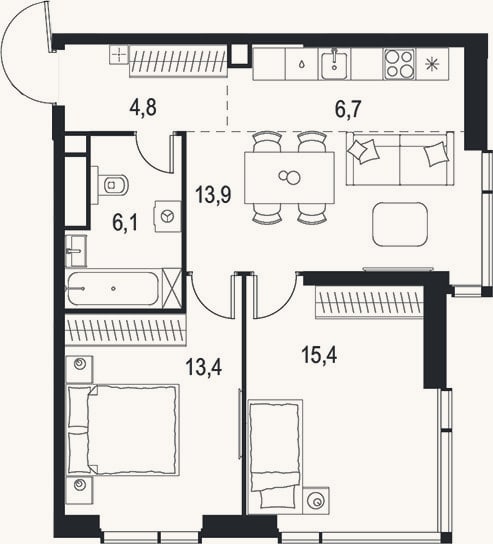 Планировка: 3-к, 60,3 м²