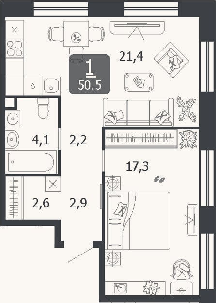 Планировка: 2-к, 50,5 м²