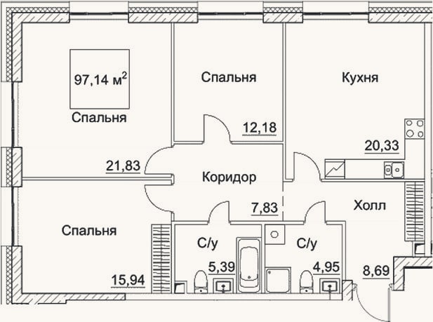 Планировка: 4+ к, 97,1 м²