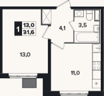 Планировка: 1-к, 31,6 м²