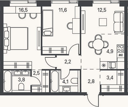 Планировка: 3-к, 64,3 м²