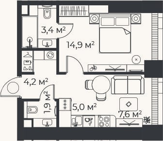 Планировка: 2-к, 36,9 м²