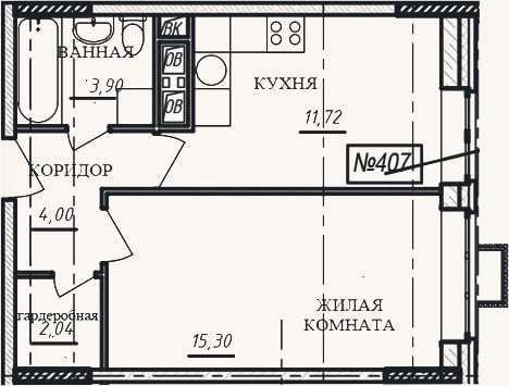 Планировка: 1-к, 37 м²