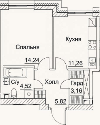 Планировка: 1-к, 39 м²