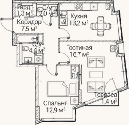 Планировка: 2-к, 57 м²