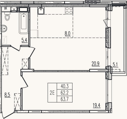 Планировка: 2-к, 62,2 м²