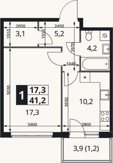 Планировка: 1-к, 40 м²
