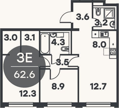 Планировка: 3-к, 62,6 м²
