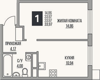 Планировка: 1-к, 34 м²