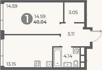 Планировка: 1-к, 40 м²