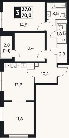 Планировка: 3-к, 69,8 м²