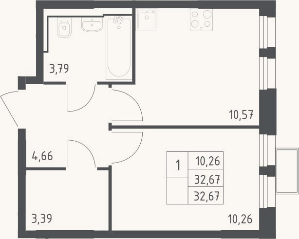 Планировка: 1-к, 32,7 м²