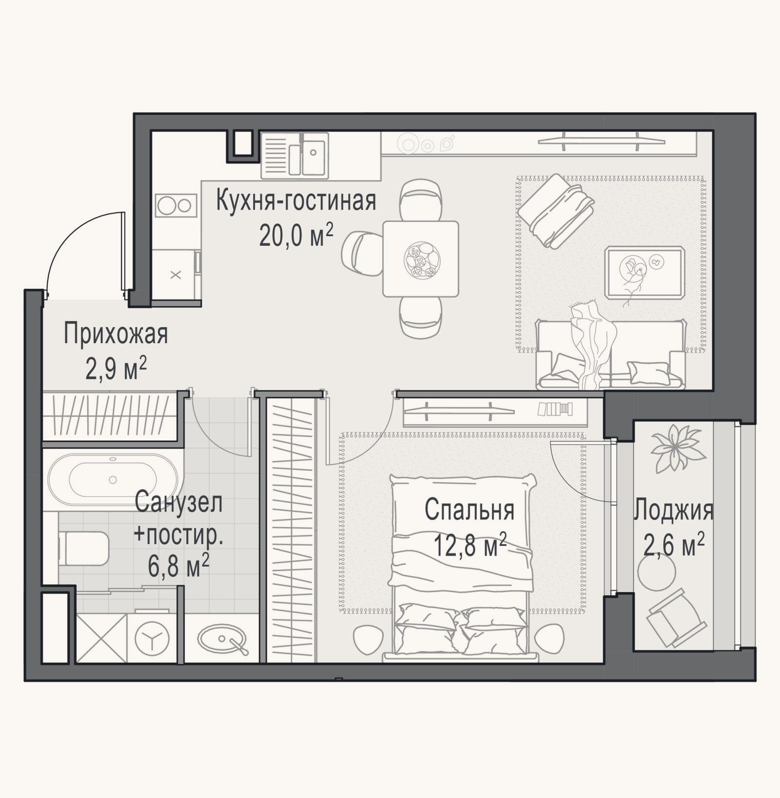 Планировка: 2-к, 42,5 м²
