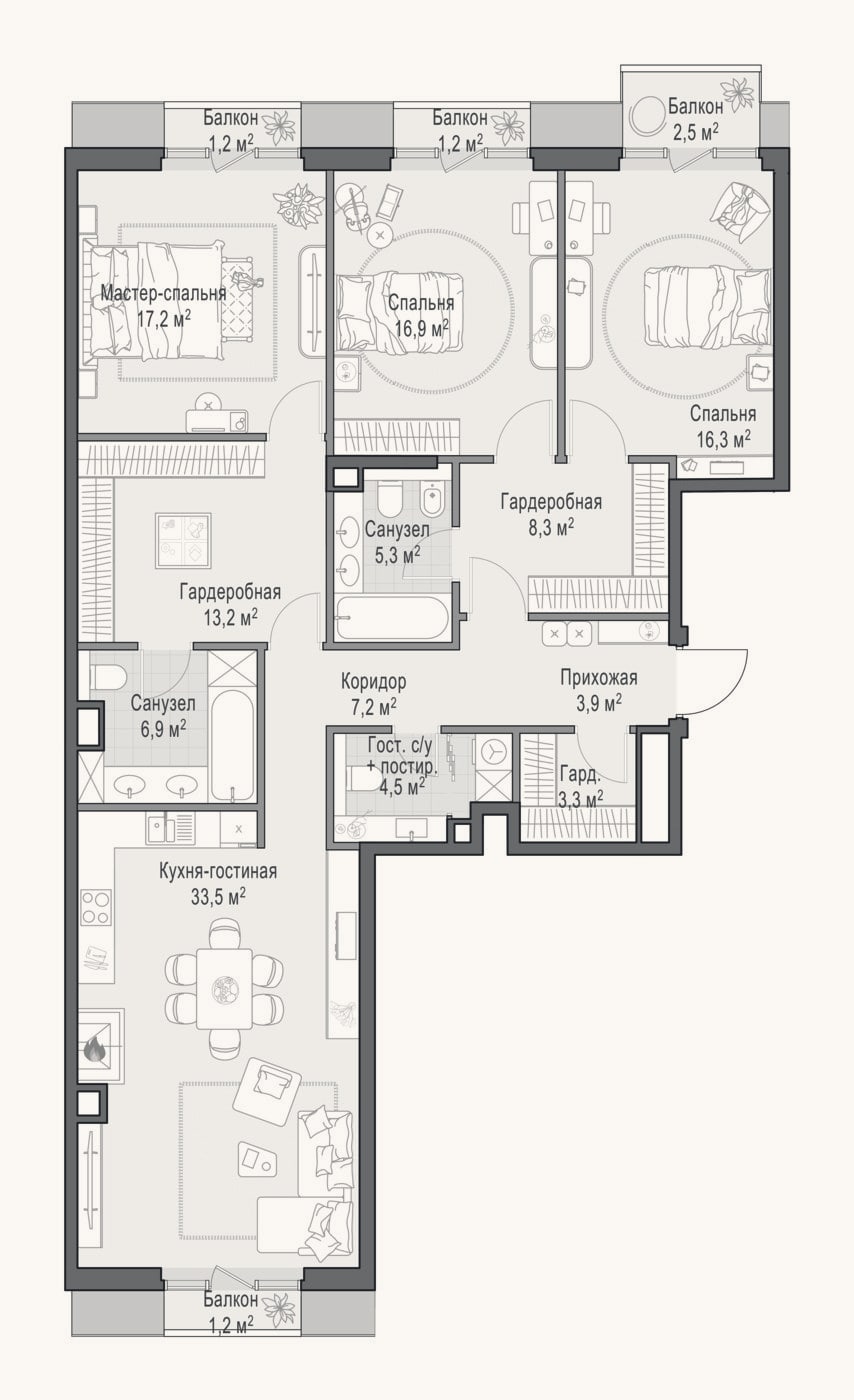 Планировка: 4+ к, 136,5 м²