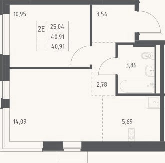 Планировка: 2-к, 40,9 м²