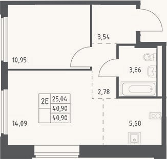 Планировка: 2-к, 40,9 м²